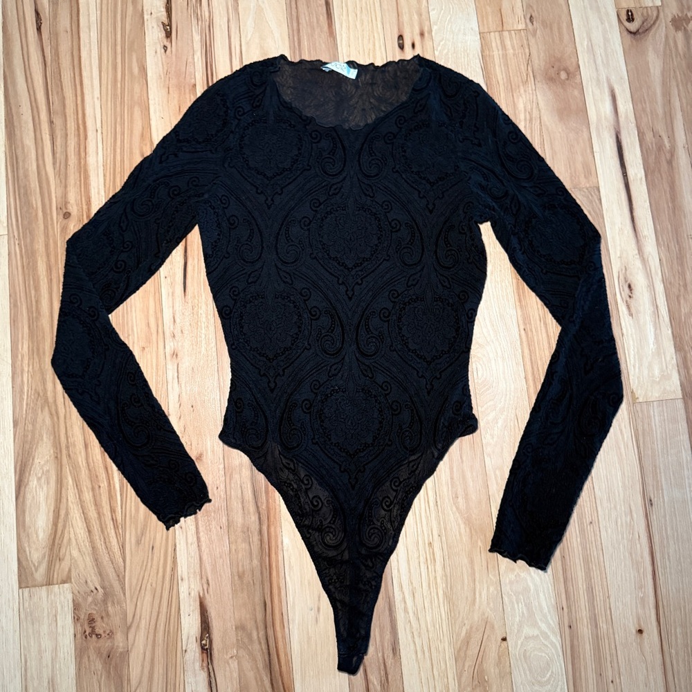 Vintage Cache Sheer Long Sleeve Burnout Velvet Bodysuit
